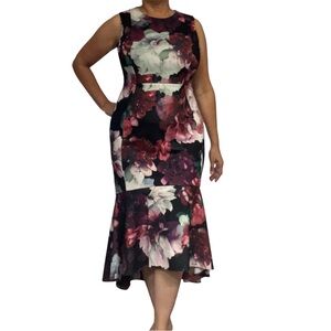 Calvin Klein Aubergine Floral High Low Sleeveless Scuba Knit Midi Dress Size 8
